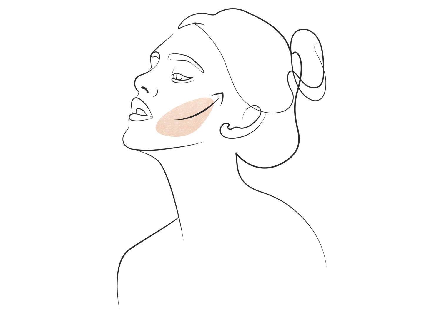 Minimalistična linijska ilustracija ženskega profila s poudarjenim ličkom v pastelno rožnati barvi